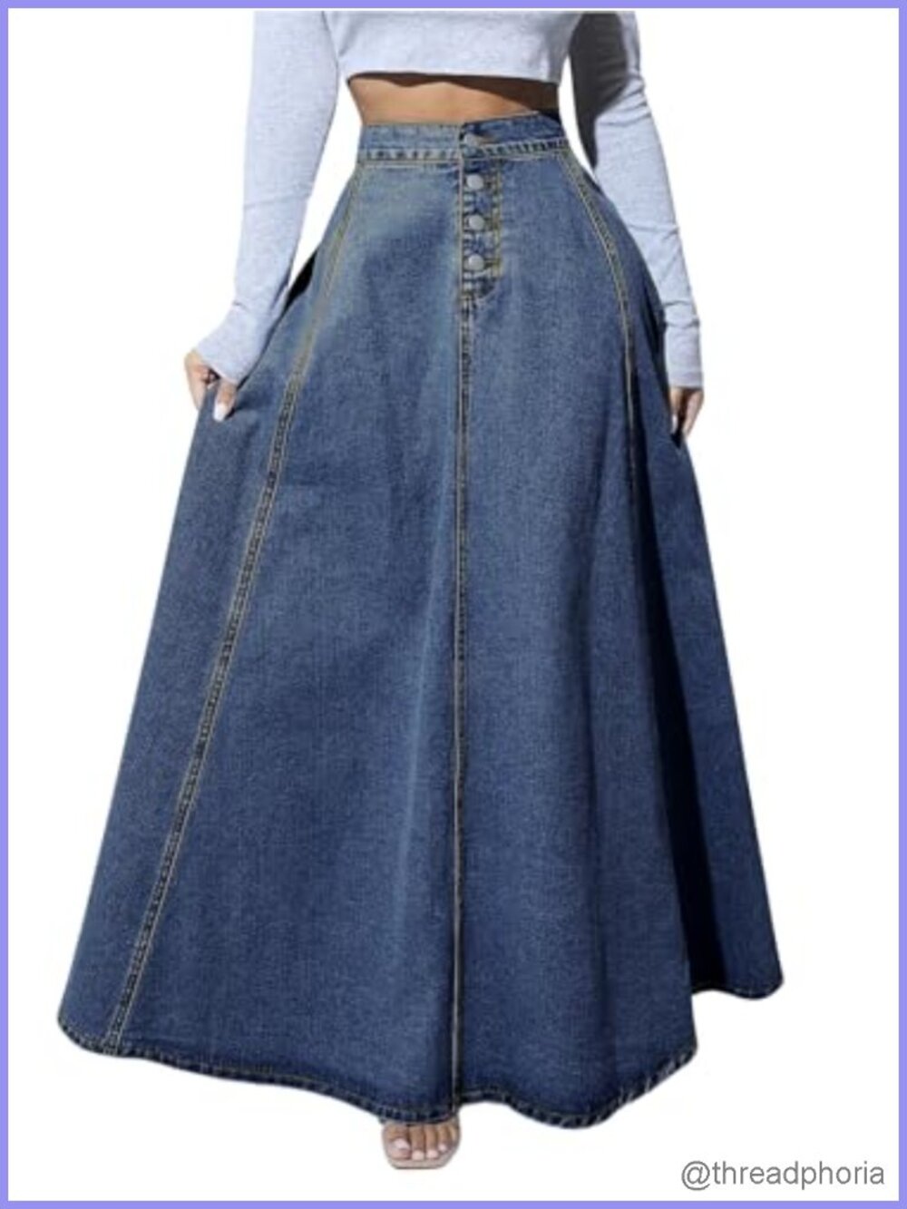 High Waisted Button Fly Pleated Flared A-Line Denim Maxi Skirt